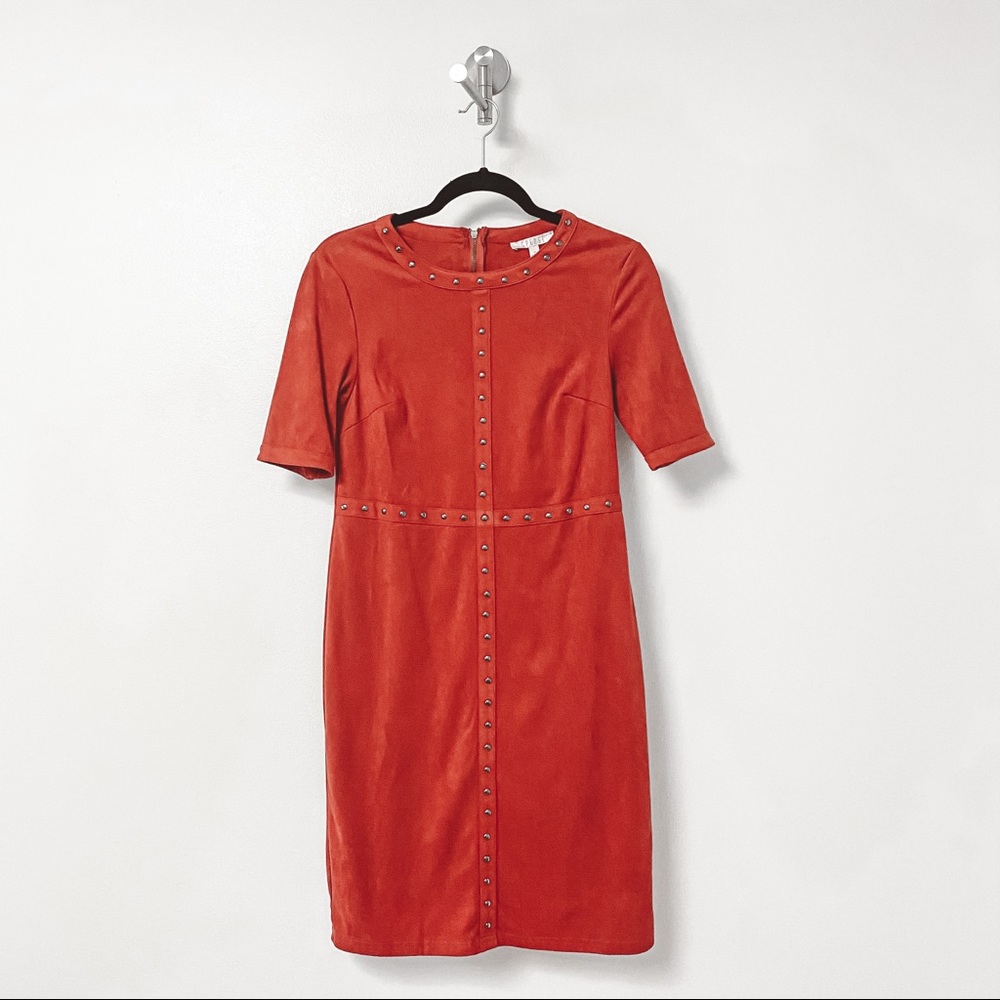 Spense Fall Winter Casual Chic Velour Studded 3/4 Sleeve Mini Dress Red Orange